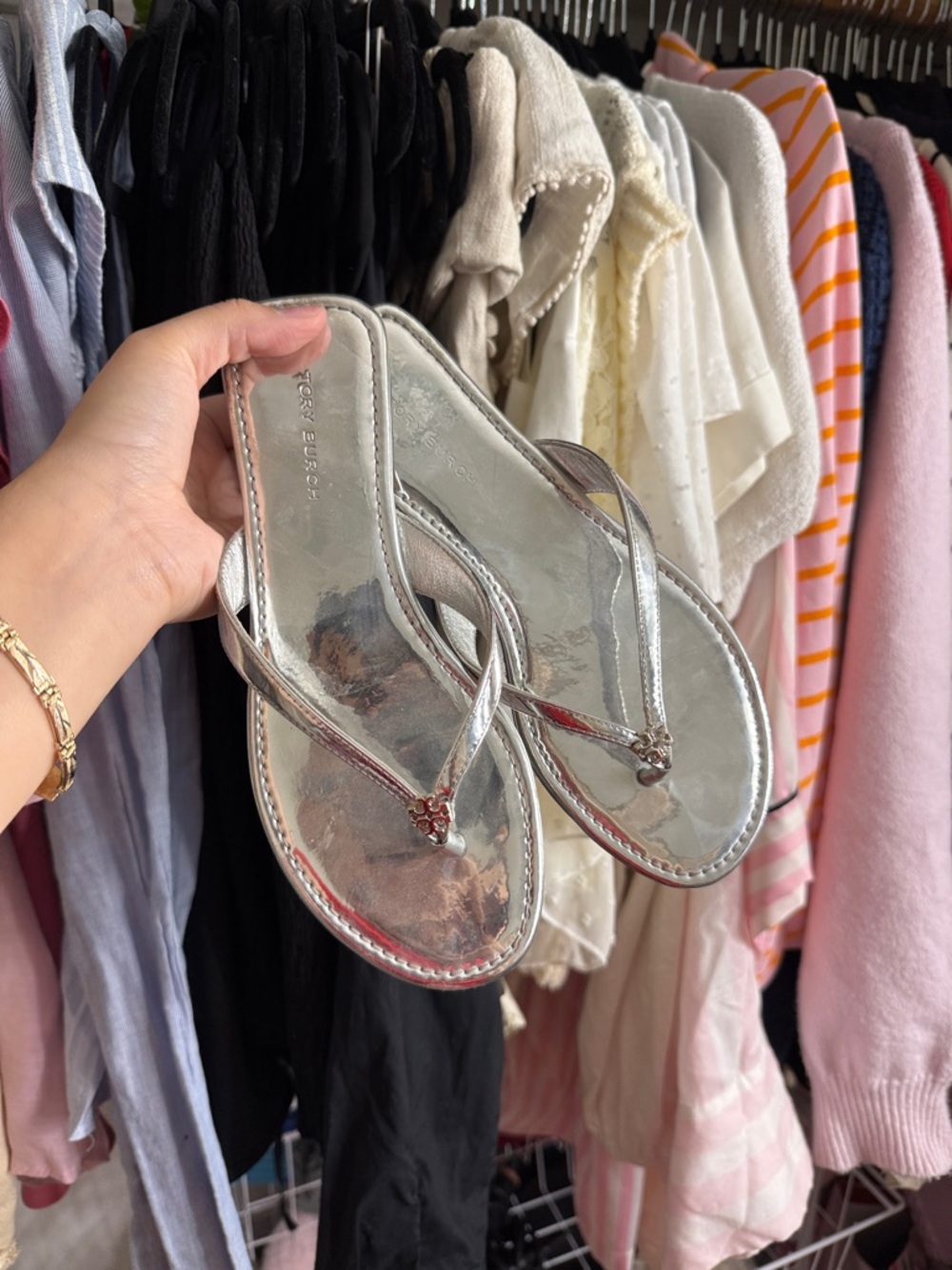 Tory Burch Metallic Silver Thong Sandals